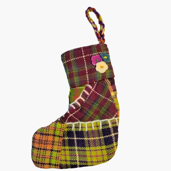 Other - Patchwork Quilted Plaid Christmas Stocking Hand Stitched Small Rustic Grannycore